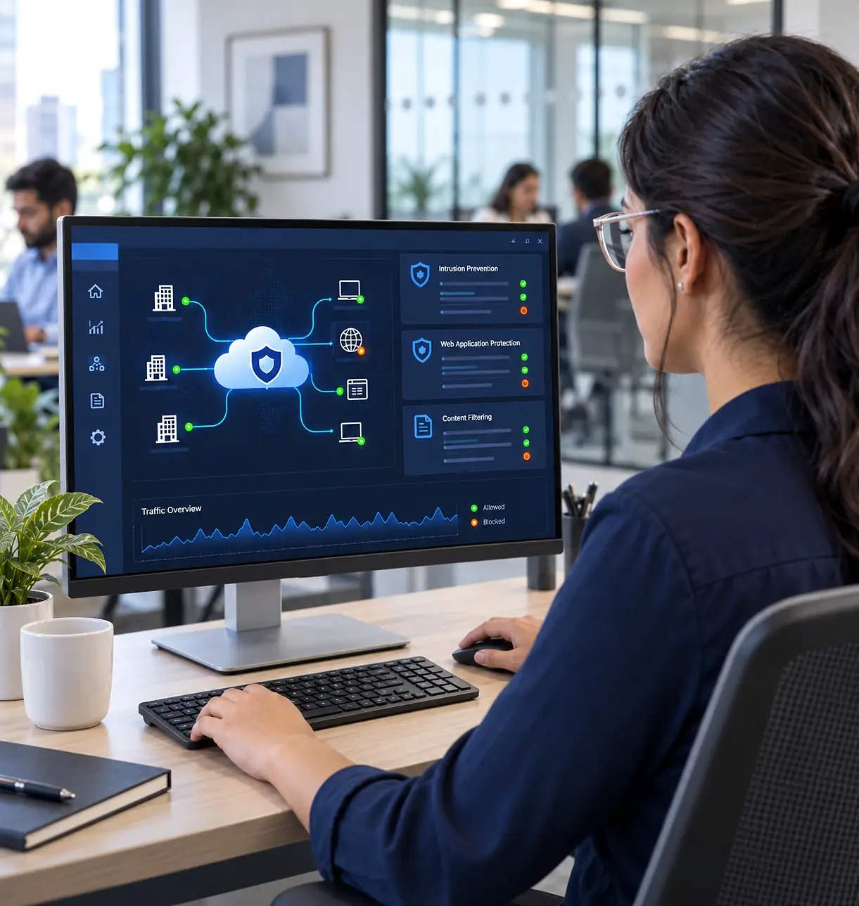 Una especialista revisa en su monitor el panel de seguridad de la red: sedes conectadas a la nube protegida y las capas de prevención de intrusiones, protección de aplicaciones web y filtrado de contenido