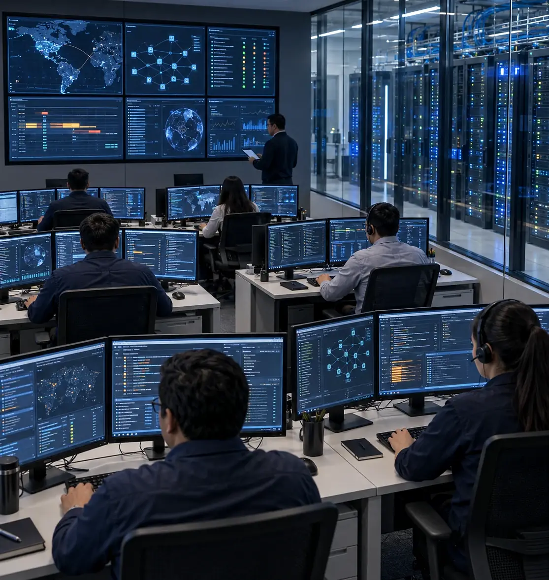 Sala de operaciones de seguridad: ingenieros frente a varios monitores, una pared de pantallas con mapas y alertas de red, y la sala de servidores tras un vidrio