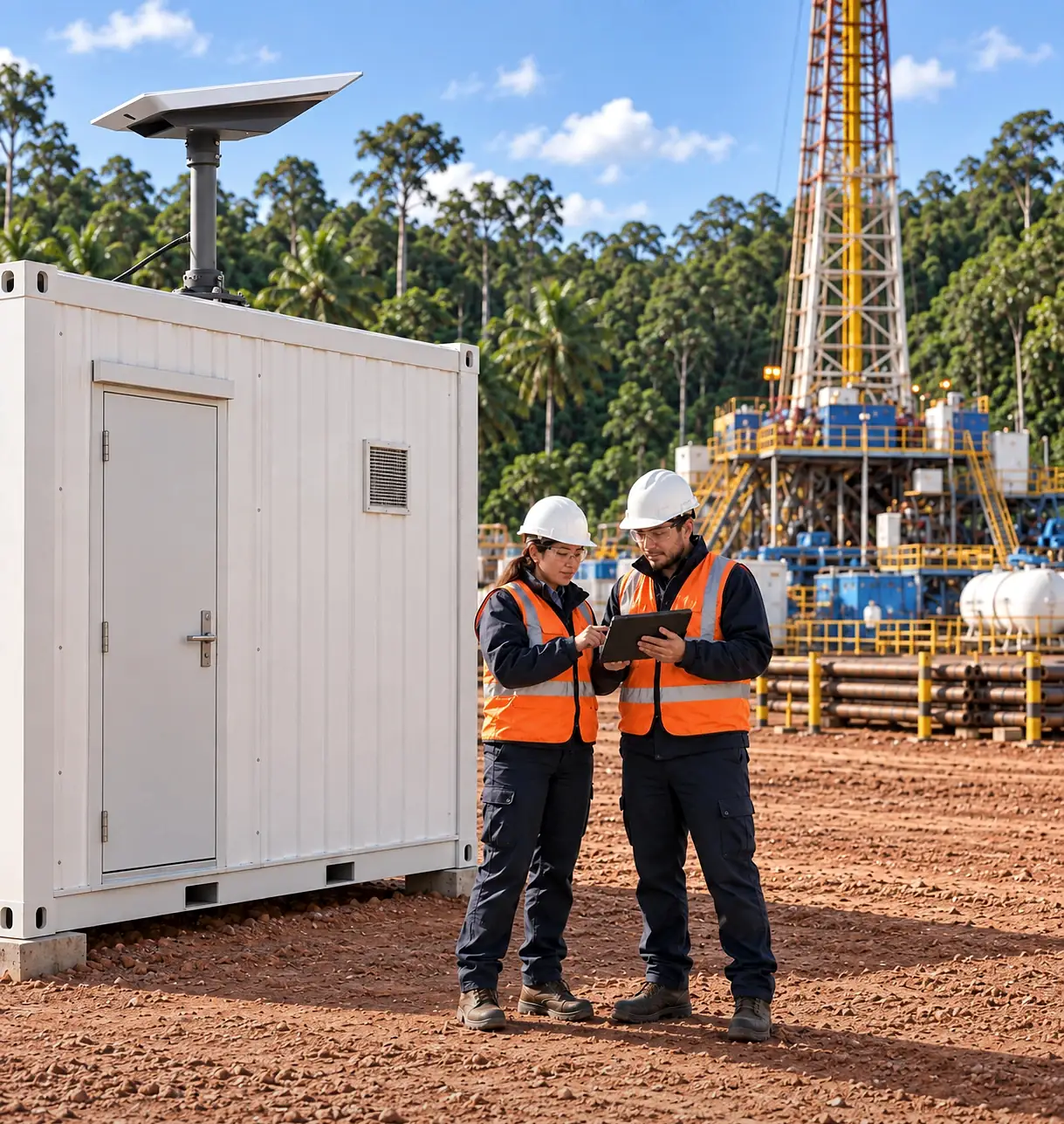 Dos ingenieros con casco y chaleco revisan una tablet junto a un contenedor de operaciones con una antena satelital de órbita baja en el techo, en una operación petrolera en la selva peruana