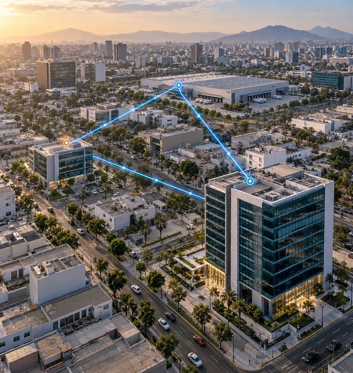 Vista aérea de una ciudad al atardecer con tres edificios empresariales (oficinas y un centro logístico) unidos por enlaces de luz que representan su red privada