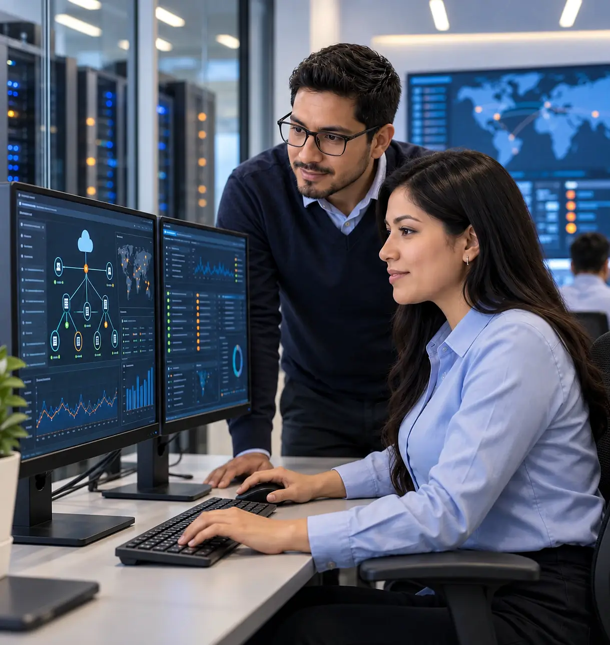 Una especialista y un ingeniero revisan en sus monitores el panel de seguridad de la red, con un centro de datos y un mapa de monitoreo al fondo