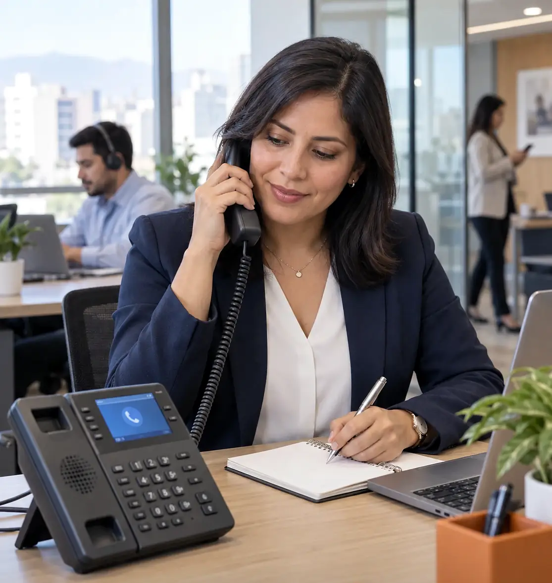 Una ejecutiva atiende una llamada y toma notas en su escritorio, junto a un teléfono IP empresarial, en una oficina con vista a la ciudad