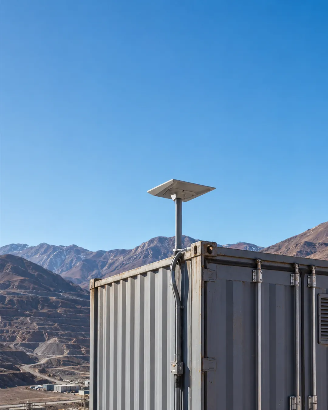 Antena satelital de órbita baja instalada sobre un contenedor en una operación minera en la cordillera peruana